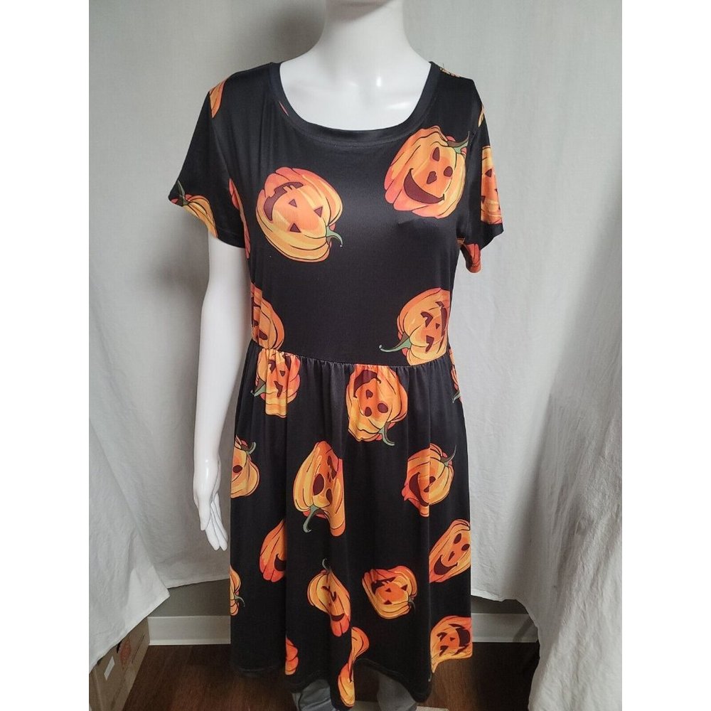 Veranee Black Halloween Short Sleeve Dress Size L Pumpkins Pockets